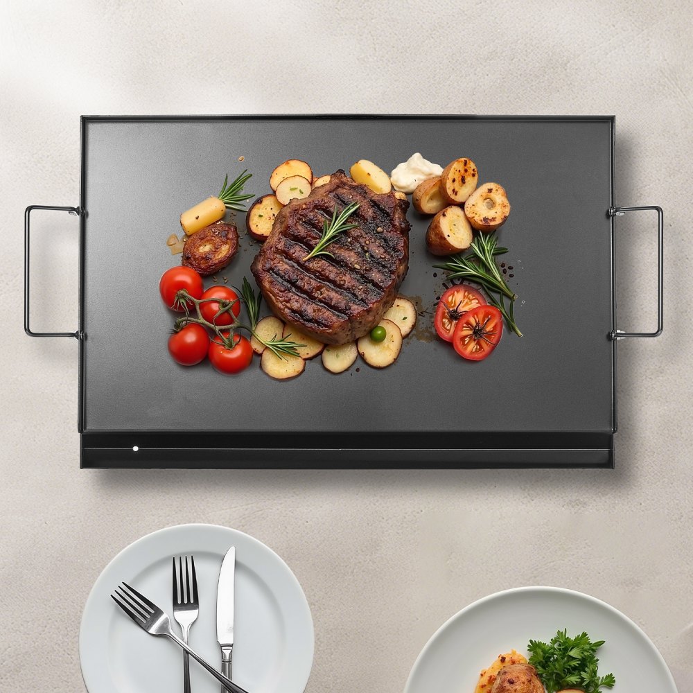 VEVOR Bakplaat, Universele Rechthoekige Plaat van Koolstofstaal (606 x 360 mm) met Platte Bovenkant, Gasgrill Bakplaat voor BBQ Grill, Teppanyaki, Draagbaar Kookgerei voor het Gezin met Handvat
