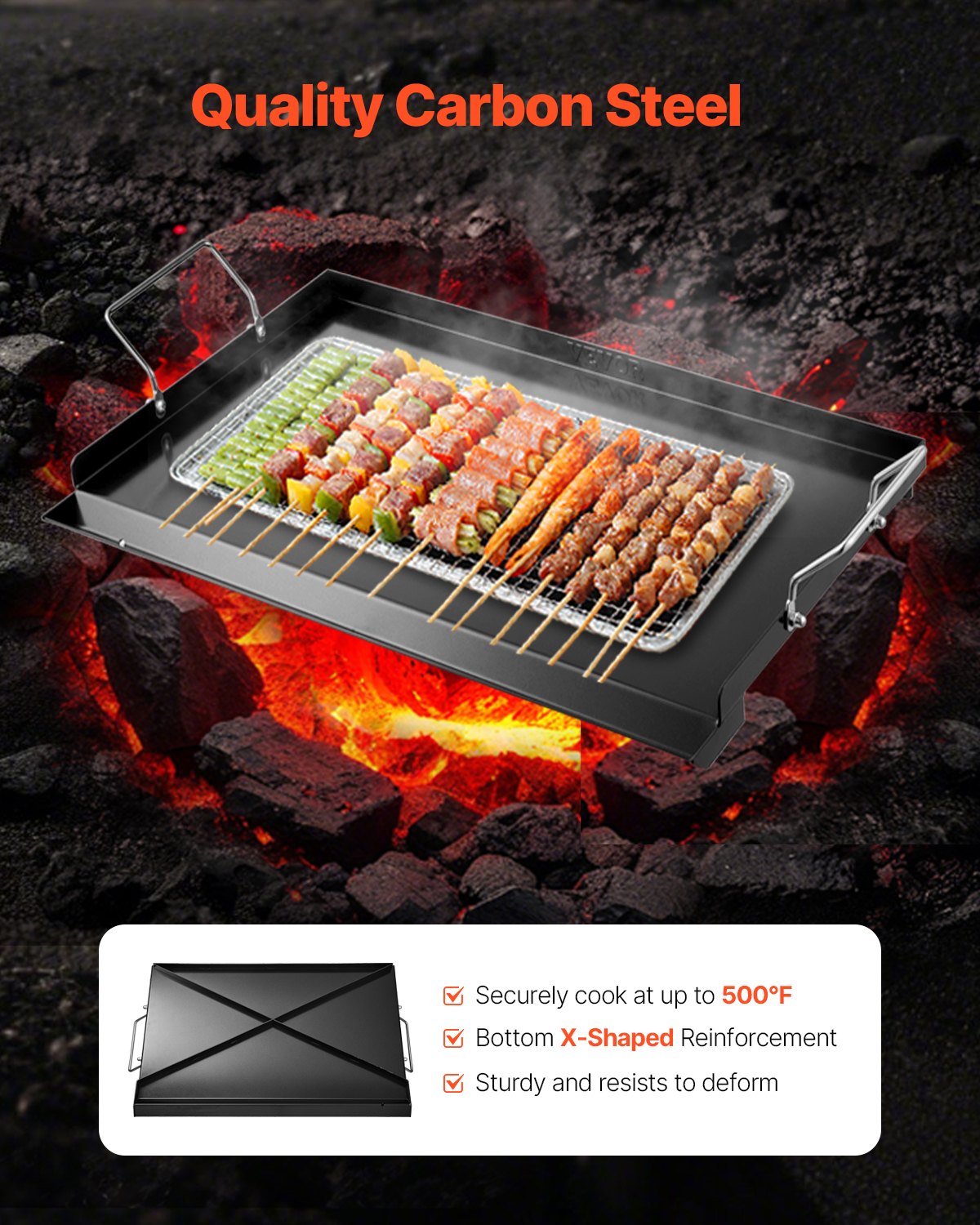 VEVOR Bakplaat, Universele Rechthoekige Plaat van Koolstofstaal (606 x 360 mm) met Platte Bovenkant, Gasgrill Bakplaat voor BBQ Grill, Teppanyaki, Draagbaar Kookgerei voor het Gezin met Handvat