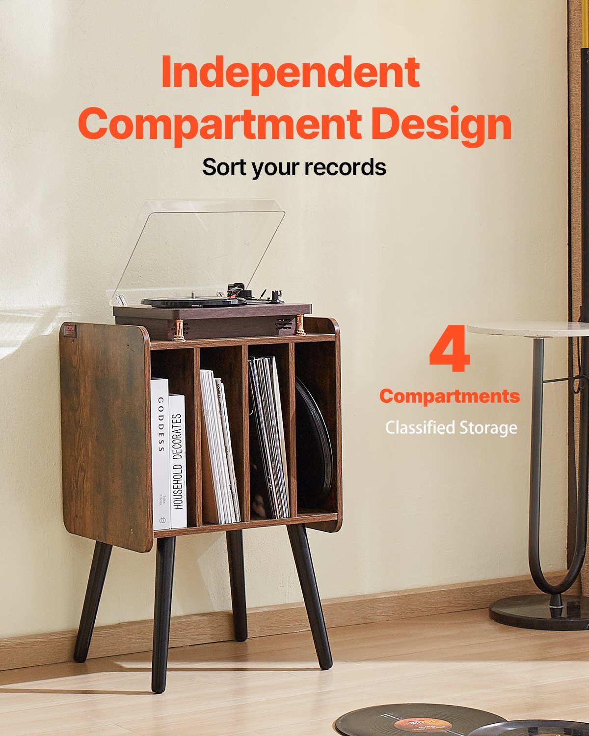 VEVOR Record Player Stand, 2 Tiers Turntable Stand with 4 Cabinets, Holds up to 100 Albums, Wooden Vinyl Record Storage Cabinet with Display Shelf for Bedroom, Living Room, Brown