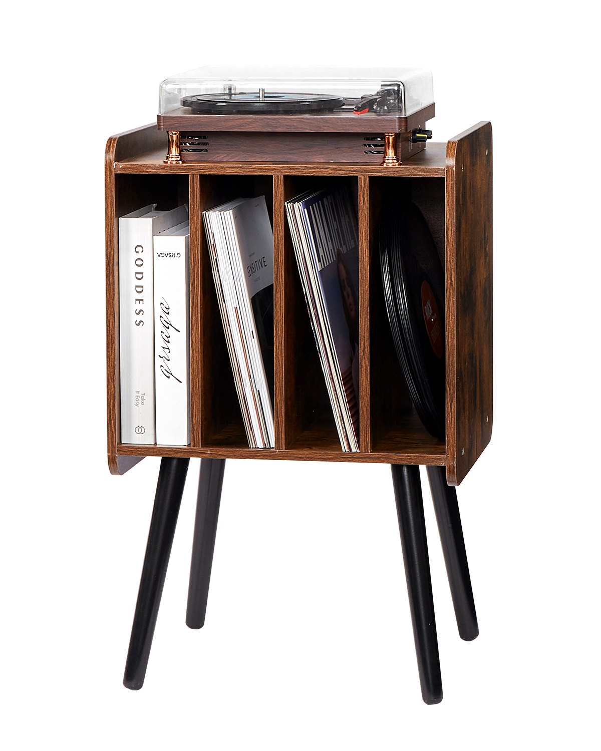 VEVOR Record Player Stand, 2 Tiers Turntable Stand with 4 Cabinets, Holds up to 100 Albums, Wooden Vinyl Record Storage Cabinet with Display Shelf for Bedroom, Living Room, Brown