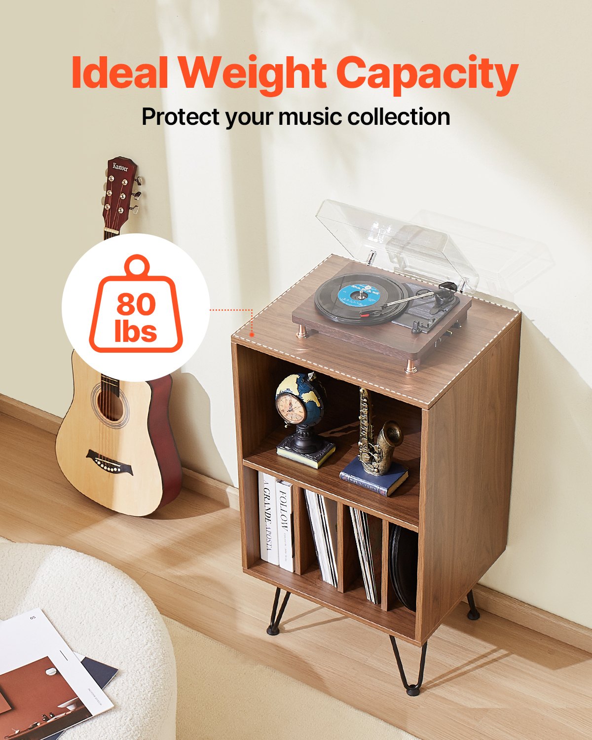 VEVOR Record Player Stand, 3 Tiers Turntable Stand with Record Storage, Vinyl Record Storage Cabinet with Metal Legs for Bedroom, Living Room, Brown