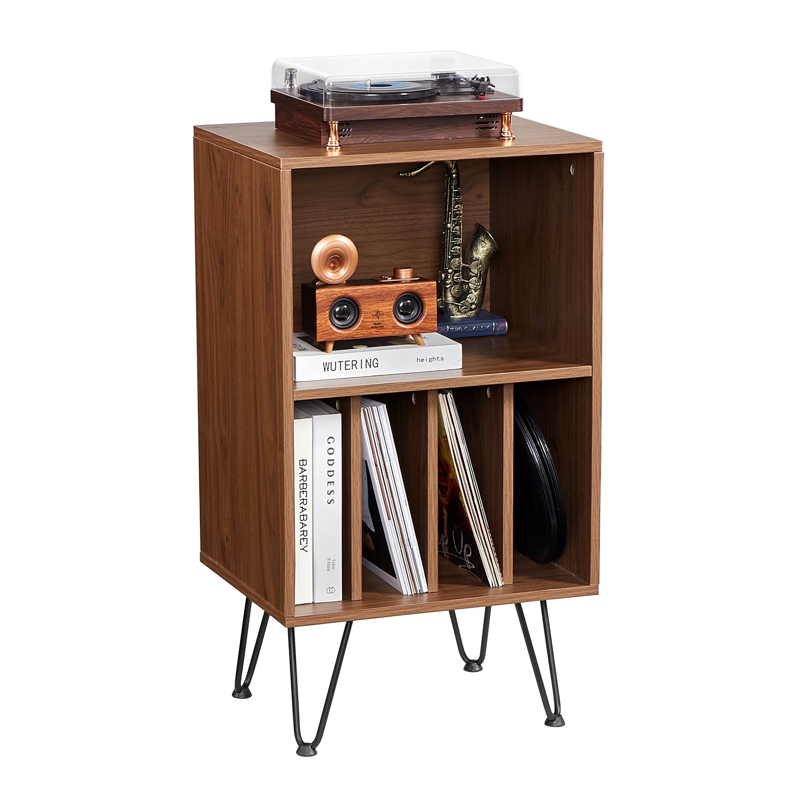 VEVOR Record Player Stand, 3 Tiers Turntable Stand with Record Storage, Vinyl Record Storage Cabinet with Metal Legs for Bedroom, Living Room, Brown