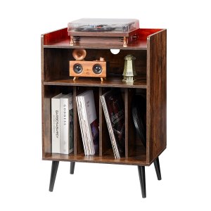 Record Storage 3-laags draaitafelstandaard voor maximaal 150 albums, houten vinylplatenkast met displayplank voor slaapkamer en woonkamer | NL Record Storage 3-laags draaitafelstandaard voor maximaal 150 albums, houten vinylplatenkast met displayplank voor slaapkamer en woonkamer | NL