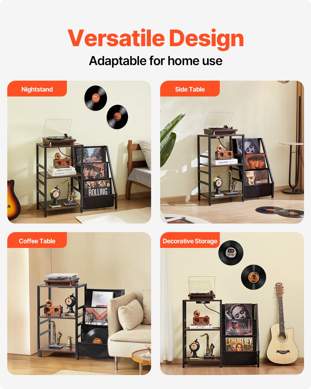 VEVOR Platenspelerstandaard met oplaadstation en USB-poorten, platenopslag voor maximaal 200 albums, 3-laags draaitafel met displayplank voor slaapkamer en woonkamer