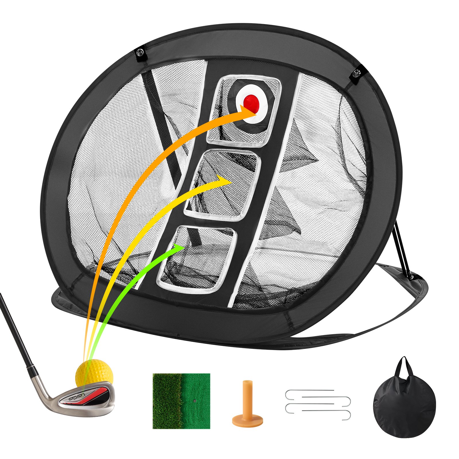 VEVOR Golf Chipping Net, opvouwbaar oefennet voor golf, draagbaar net voor binnen en buiten met doel/mat/ballen/tee/draagtas, voor swingtraining in de achtertuin, cadeau voor mannen, zwart