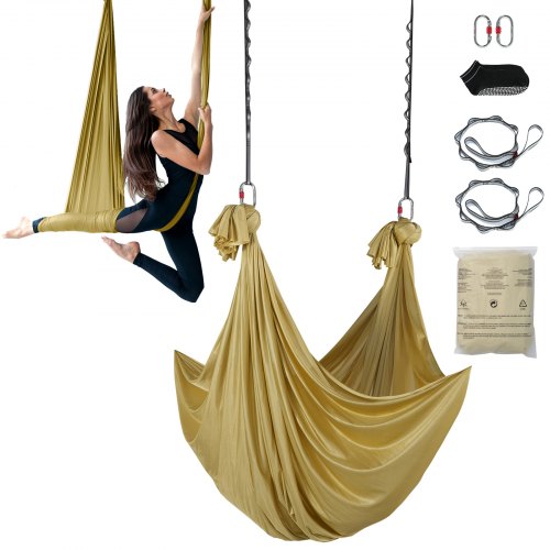 VEVOR Aerial Yoga hangmatset 4 x 2,8 m, Golden Aerial Yoga Swing Air Flying, Yoga Swing Hangmatschommel 1000 kg Maximaal draagvermogen, inclusief yogasokken en stalen karabijnhaak, anti-zwaartekrachtoefeningen