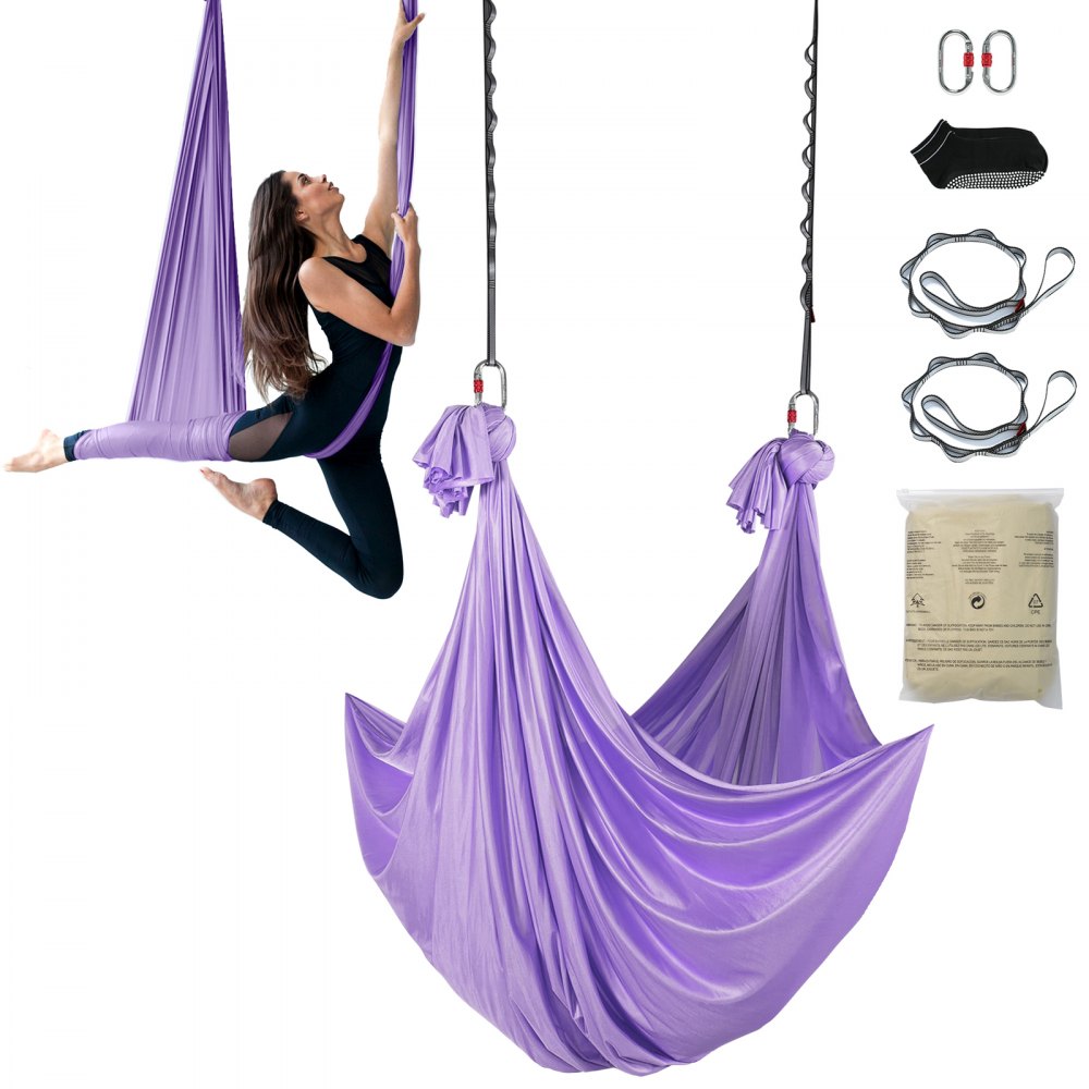 VEVOR Aerial Yoga hangmatset 4 x 2,8 m, paars Aerial Yoga Swing Air Fly, Yoga Swing hangmatschommel 1000 kg max. draagvermogen, inclusief yogasokken en stalen karabijnhaak, anti-zwaartekrachtoefeningen