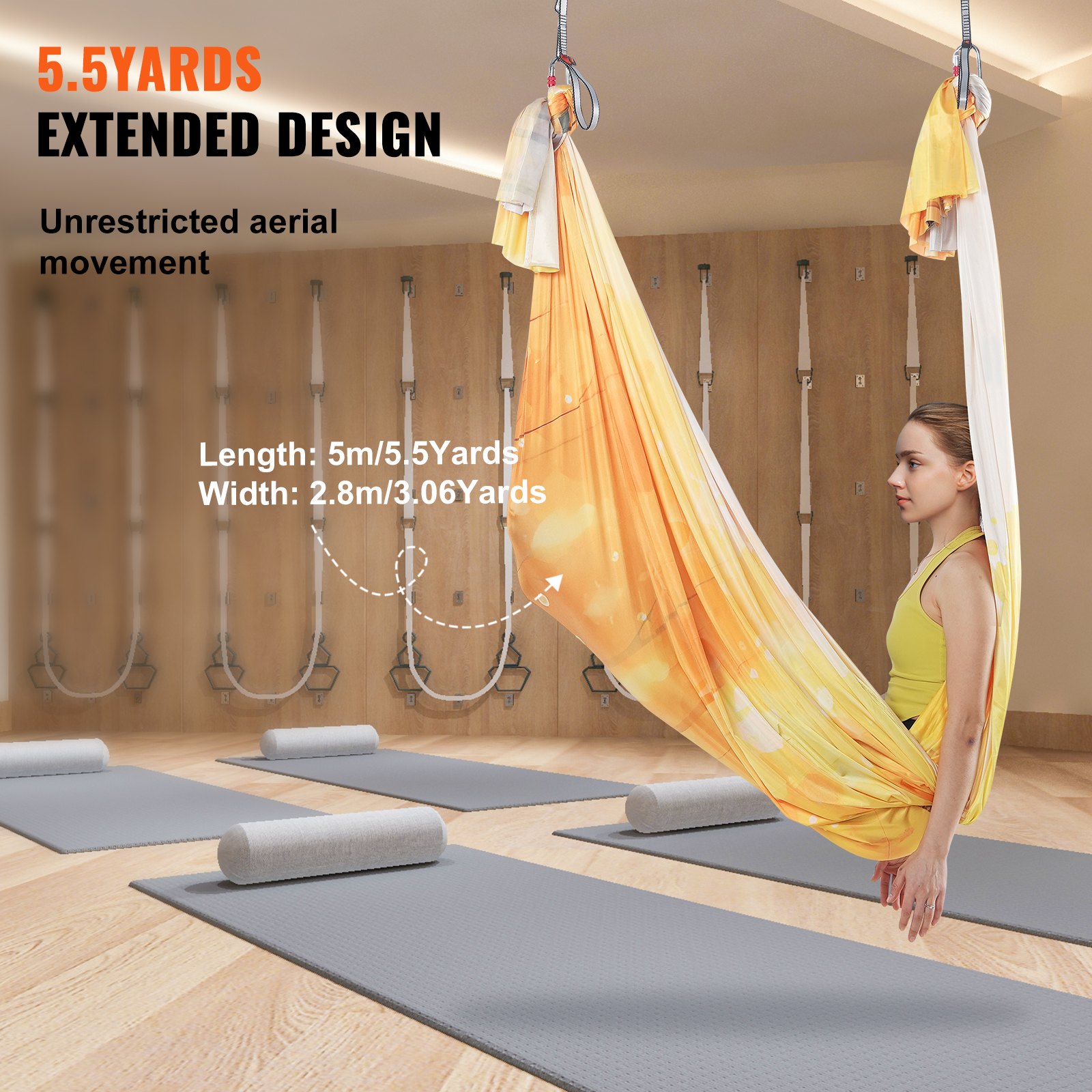 VEVOR Aerial Yoga Hangmatset 5 x 2,8 m, Golden Aerial Yoga Swing Air Flying, Yoga Swing Hangmat, max. draagvermogen 1000 kg, inclusief yogasokken en stalen karabijnhaken, anti-zwaartekrachtoefeningen