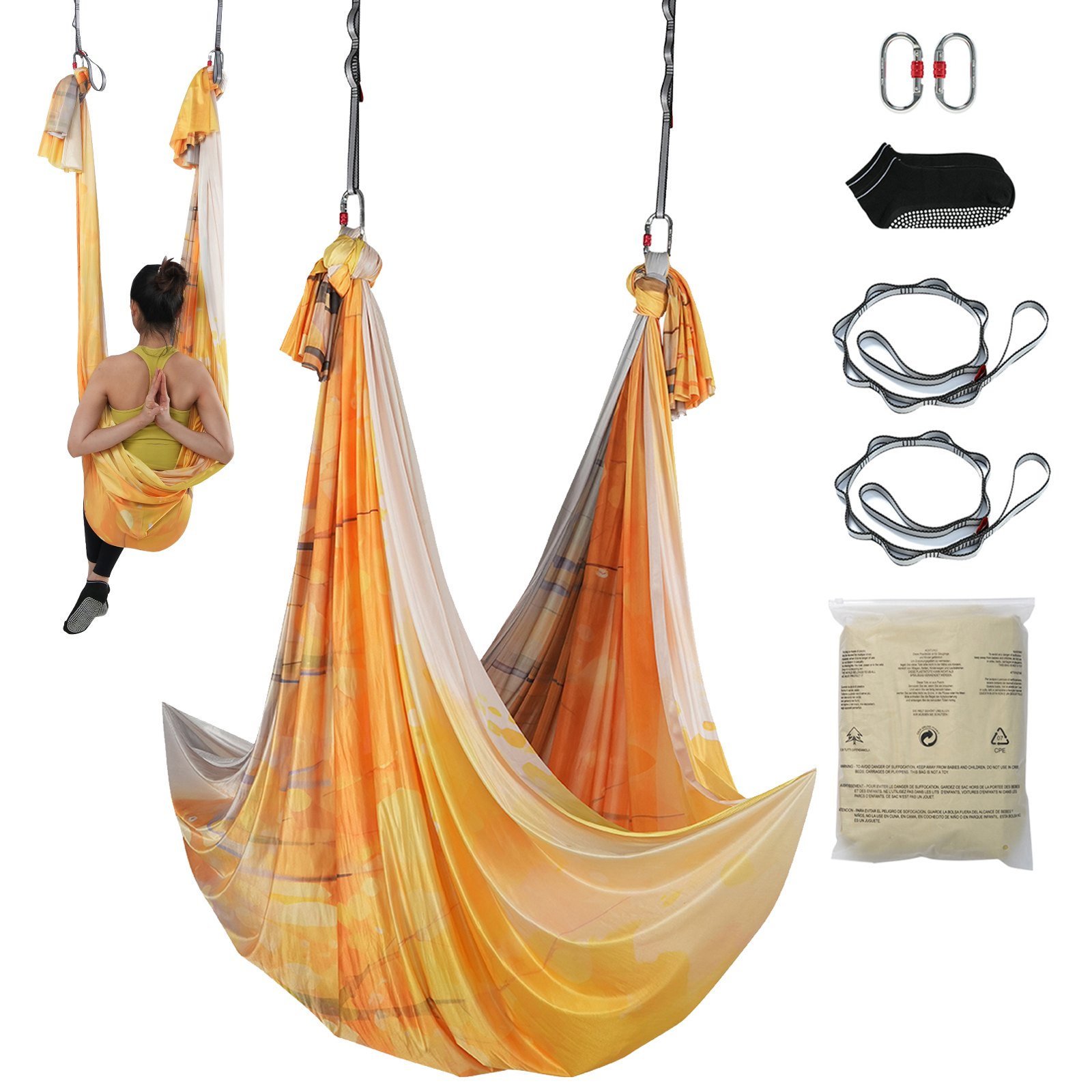 VEVOR Aerial Yoga Hangmatset 5 x 2,8 m, Golden Aerial Yoga Swing Air Flying, Yoga Swing Hangmat, max. draagvermogen 1000 kg, inclusief yogasokken en stalen karabijnhaken, anti-zwaartekrachtoefeningen