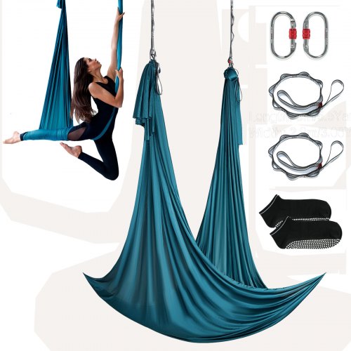 VEVOR Aerial Yoga hangmatset 5 x 2,8 m, groen Aerial Yoga Swing Air Fly, Yoga Swing hangmatschommel 1000 kg max. draagvermogen, inclusief yogasokken en stalen karabijnhaak, anti-zwaartekrachtoefeningen