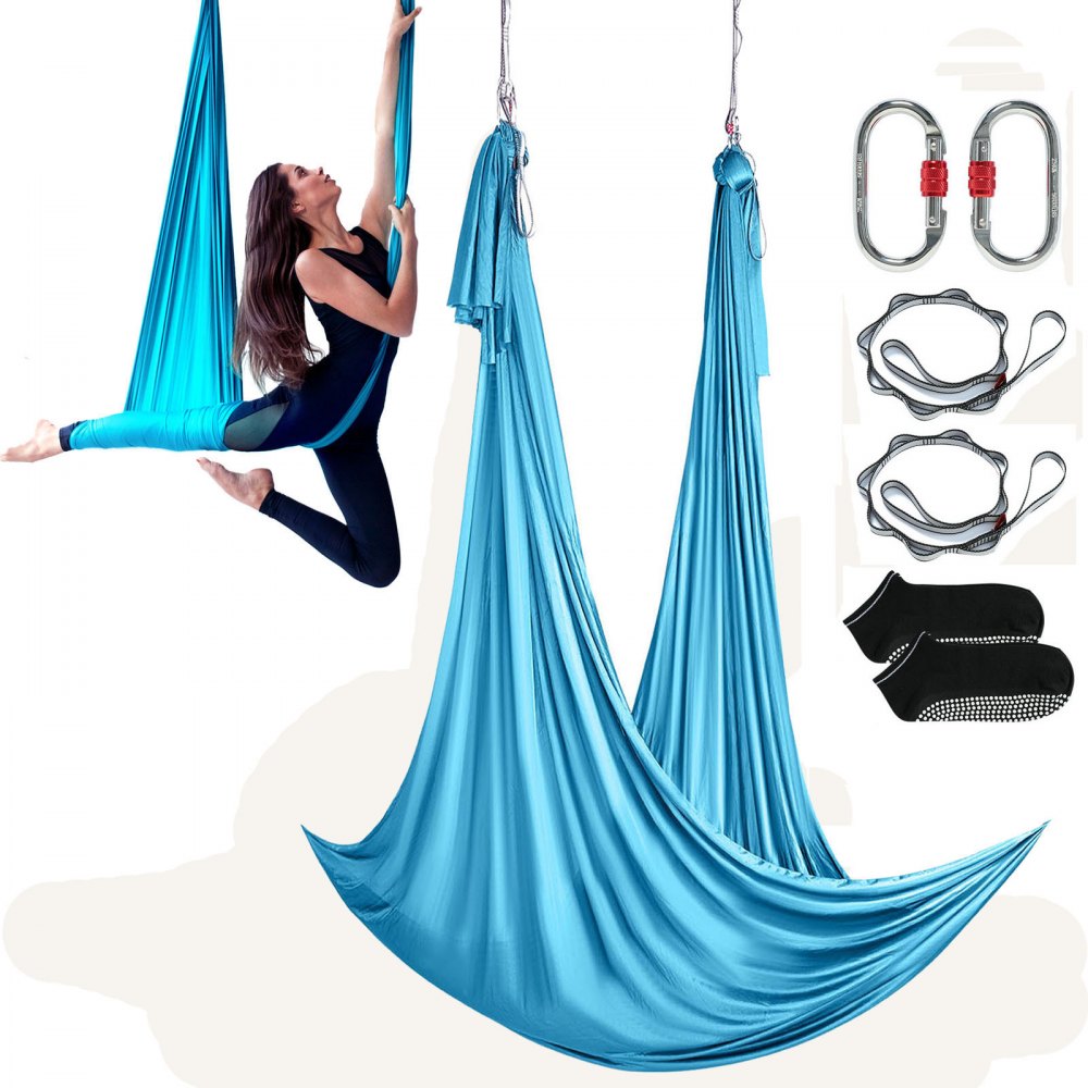 VEVOR Aerial Yoga hangmatset 5 x 2,8 m, blauw Aerial Yoga Swing Air Fly, Yoga Swing hangmatschommel 1000 kg max. draagvermogen, inclusief yogasokken en stalen karabijnhaak, anti-zwaartekrachtoefeningen