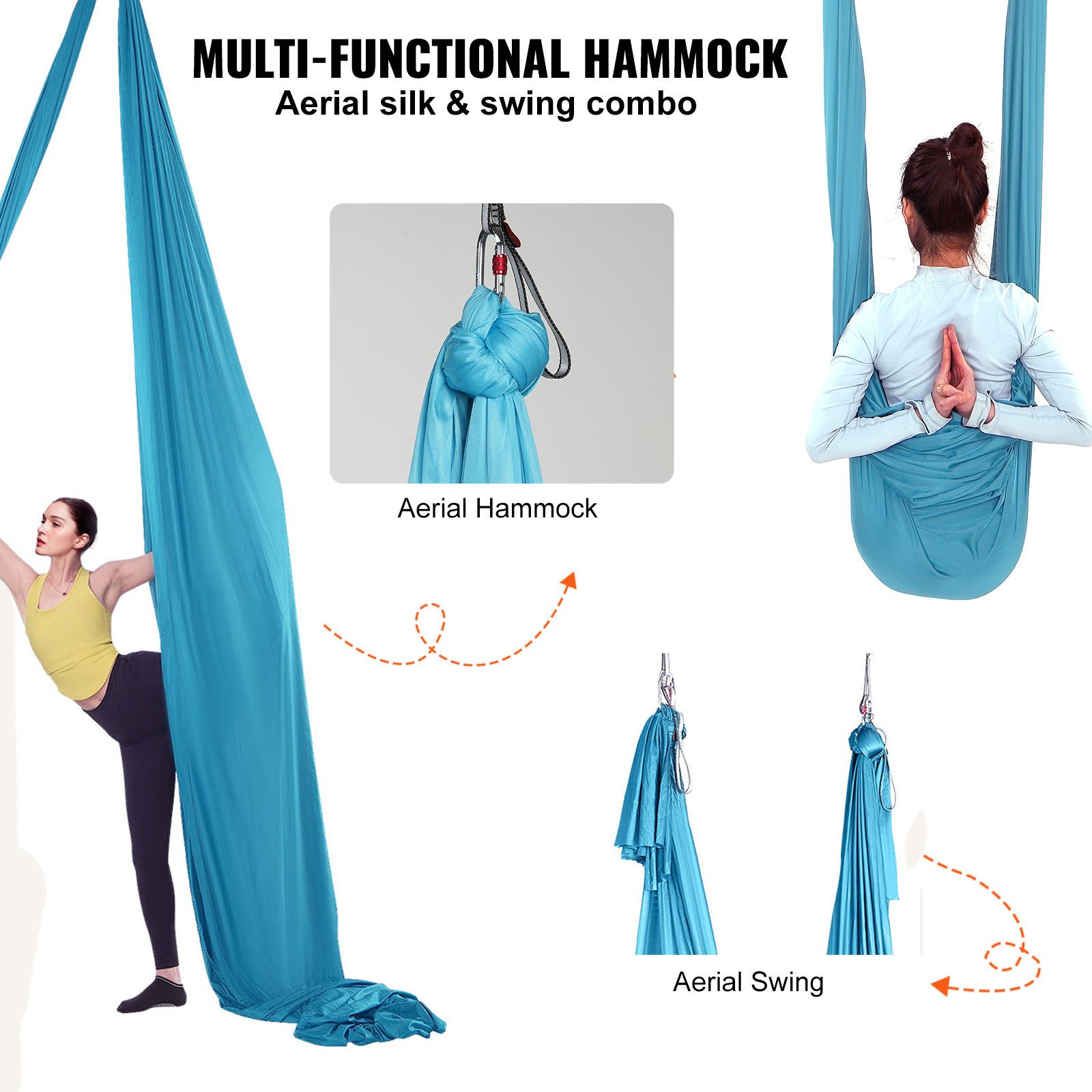 VEVOR Aerial Yoga Hangmatset 5 x 2,8 m, Blauwe Aerial Yoga Schommel Air Flying, Yoga Schommel Hangmat Schommel 1000 kg Max. Draagvermogen, incl. Yogasokken & Stalen Karabijnhaak, Anti-zwaartekracht Oefeningen