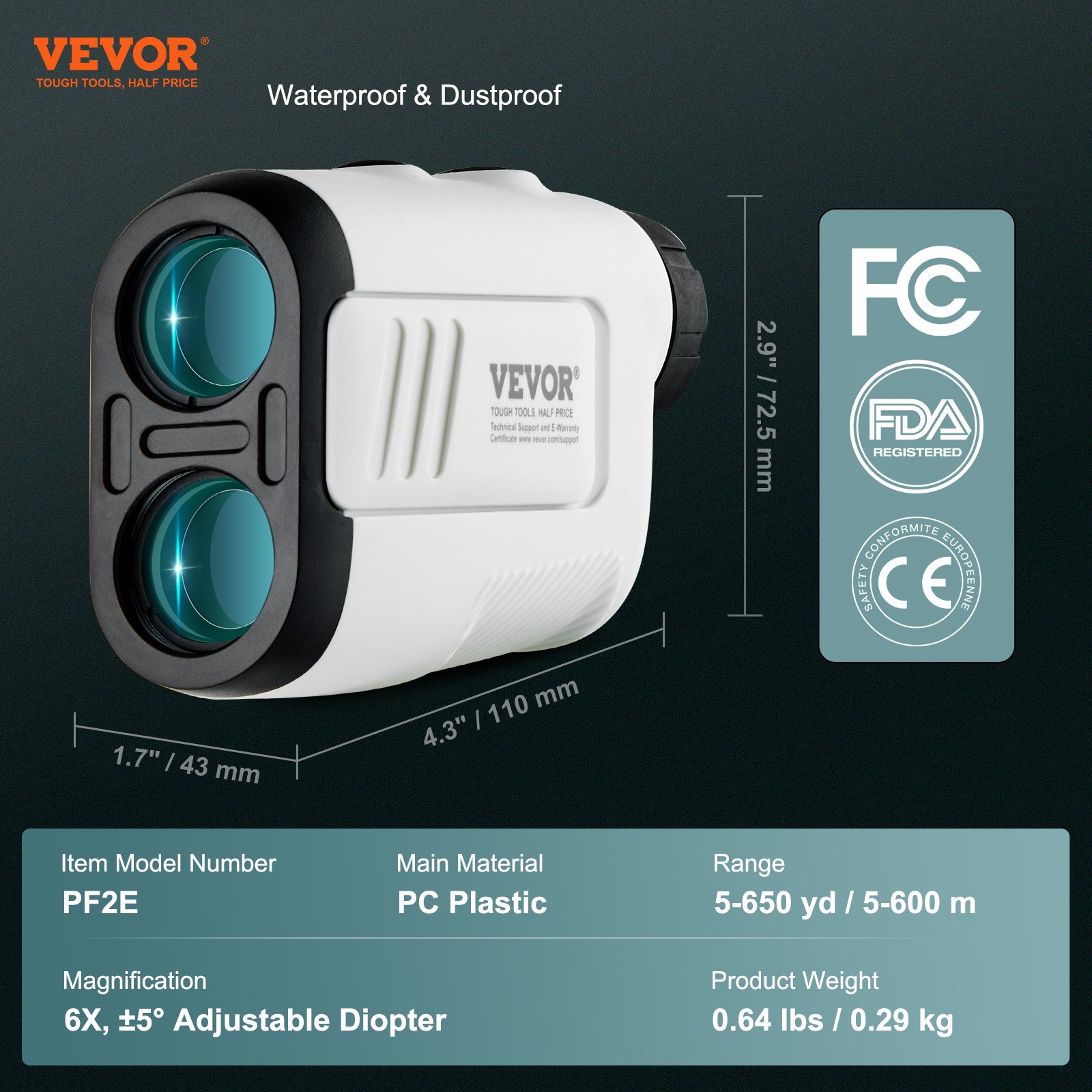 VEVOR Laser Golf Rangefinder with Slope On/Off, 600m Golf Rangefinder, Rangefinder Hunting Archery 6x Magnification and 22mm Viewfinder, Portable Rangefinder ABS Plastic