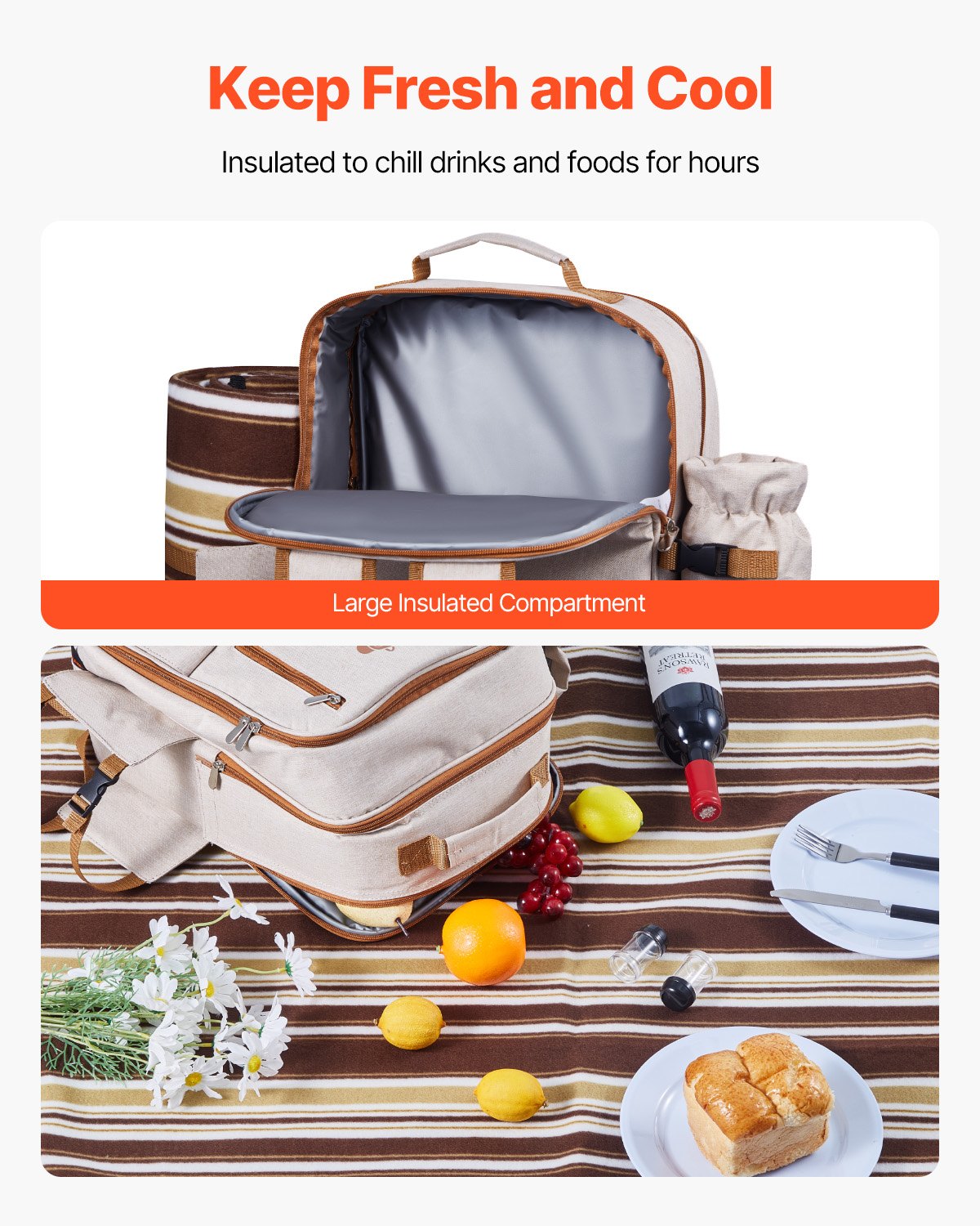 VEVOR Picknickrugzak (20 L) voor 4 personen met geïsoleerd koelvak en uitneembare flessen-/wijnhouder, lichtgewicht deken, borden- en bestekset voor wandelen en kamperen, beige