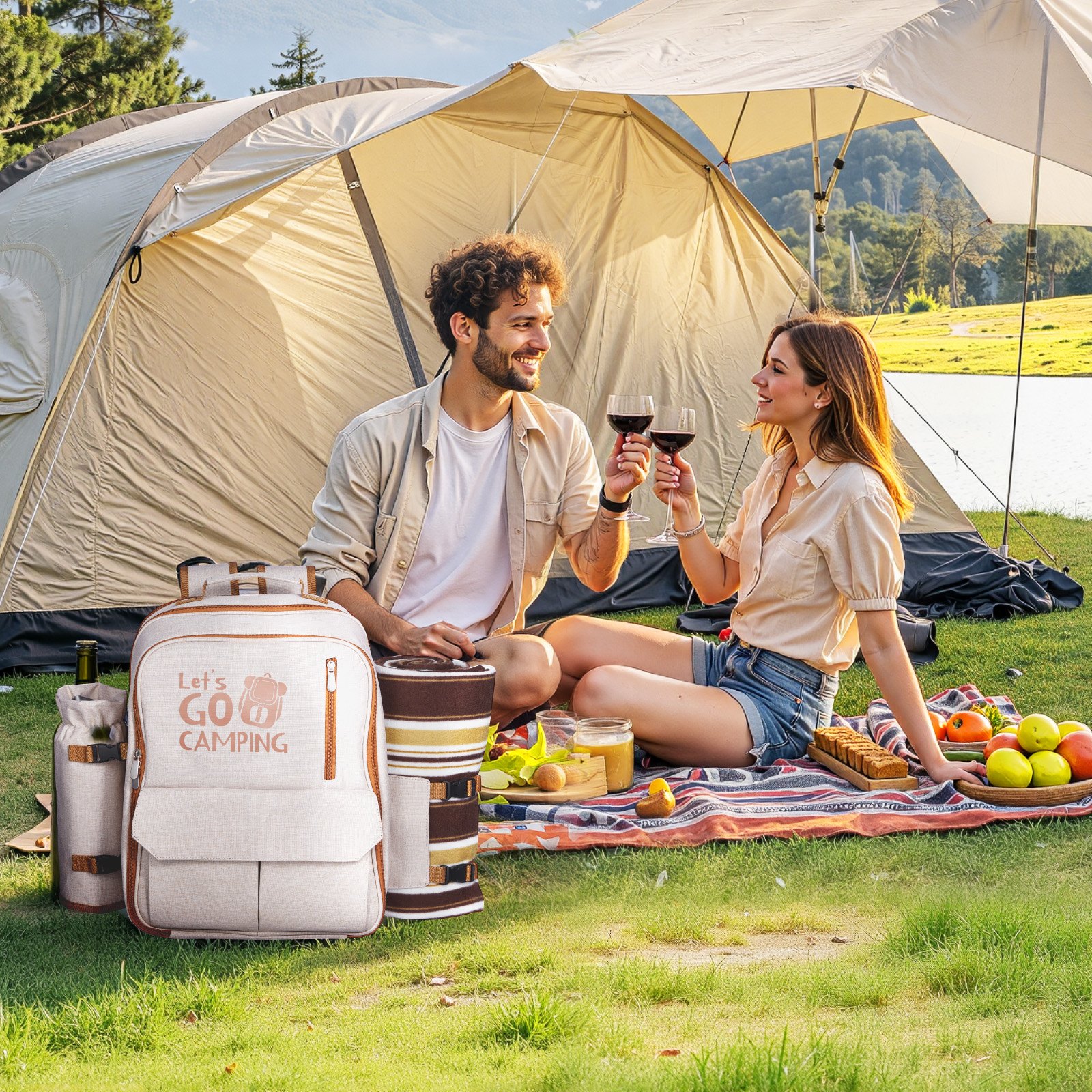 VEVOR Picknickrugzak (20 L) voor 4 personen met geïsoleerd koelvak en uitneembare flessen-/wijnhouder, lichtgewicht deken, borden- en bestekset voor wandelen en kamperen, beige