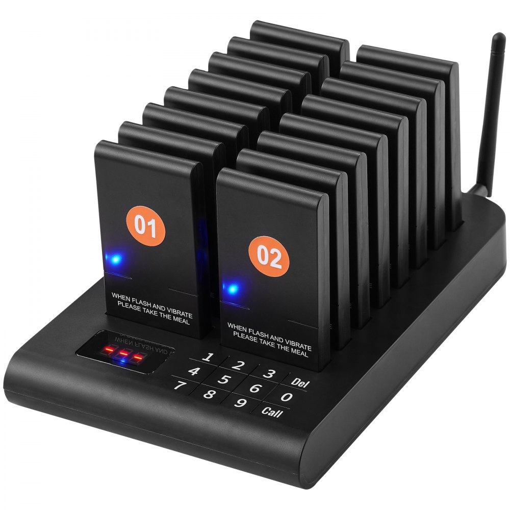 VEVOR Restaurant Pager System, 500m Wireless Queue Signal, Beeper to Answer Guest Calls with Vibration and Flashing, 16 Pagers for Food Truck, Church