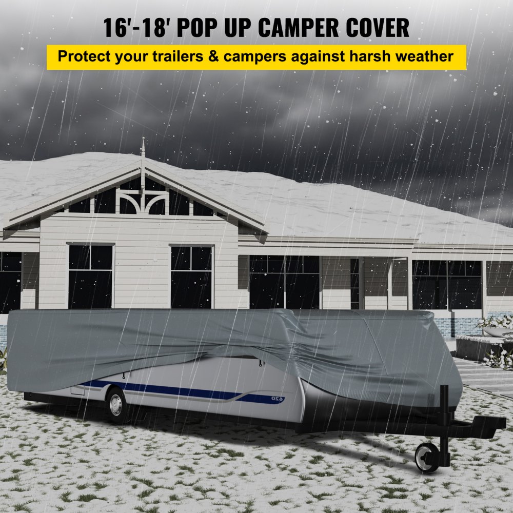 VEVOR Pop Up Camper Cover, Fit for 16'-18' Trailers, Ripstop 4-Layer Non-woven Fabric Folding Trailer Covers, UV Resistant Waterproof RV Storage Cover with 3 Wind-proof Ropes and 1 Storage Bag, Gray