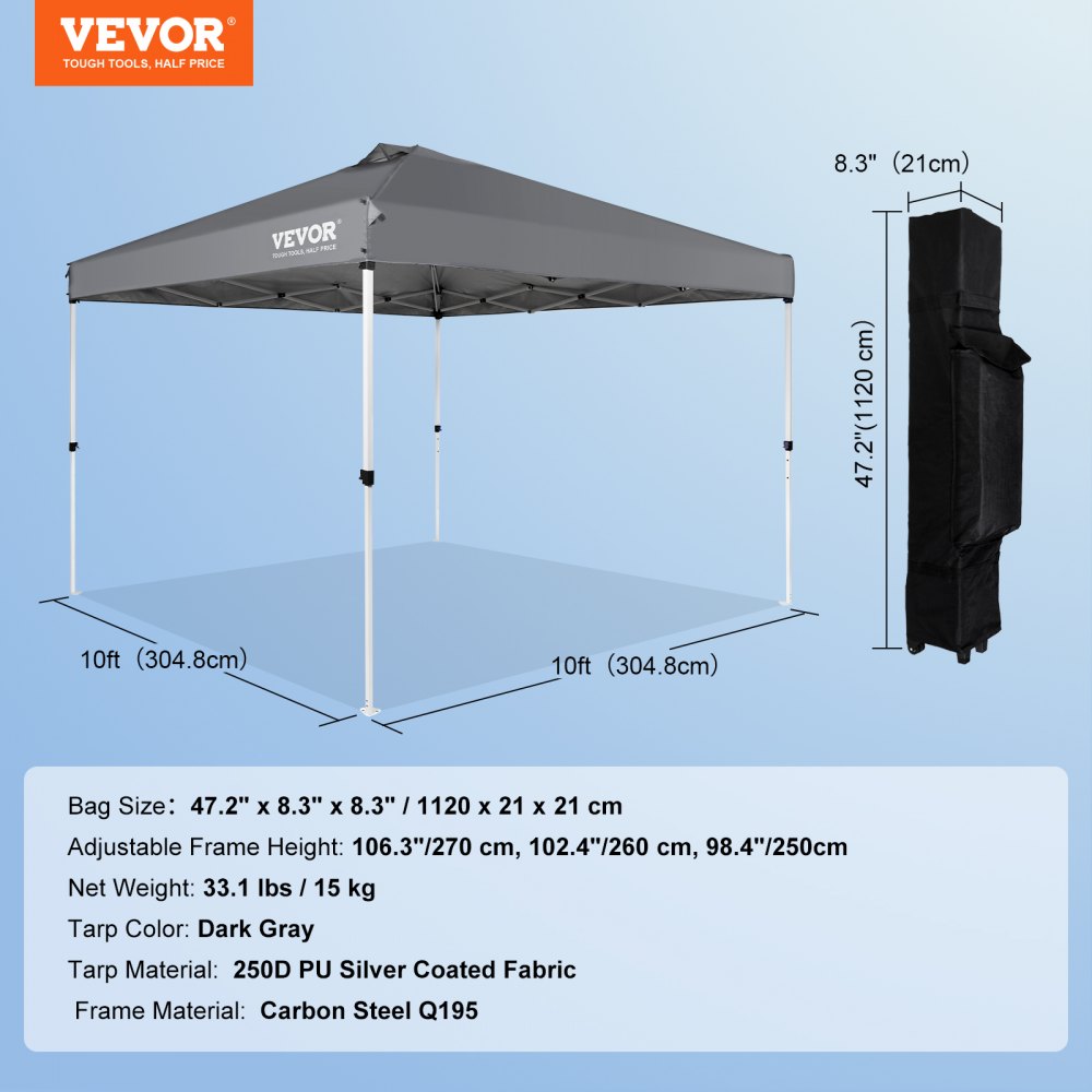 VEVOR Pavilion 304,8x304,8x320cm Tuintent 250D PU Zilver Gecoat Stof Opvouwbare Paviljoen inclusief Opbergtas Partytent 6-8 Personen Pop-up Tent Opvouwbare Tent Tuinpaviljoen voor Kampeertrip