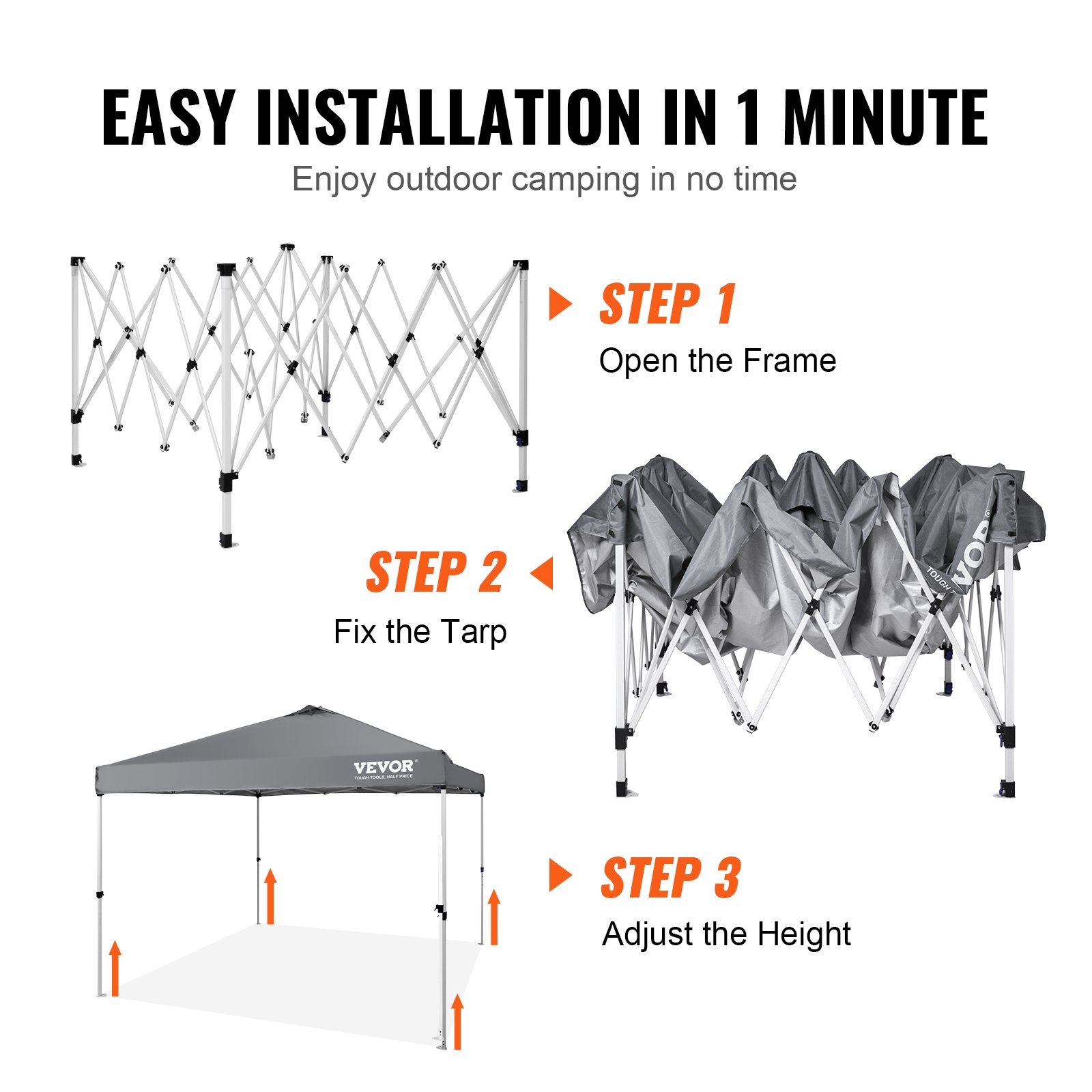 VEVOR Pavilion 304,8x304,8x320cm Tuintent 250D PU Zilver Gecoat Stof Opvouwbare Paviljoen inclusief Opbergtas Partytent 6-8 Personen Pop-up Tent Opvouwbare Tent Tuinpaviljoen voor Kampeertrip