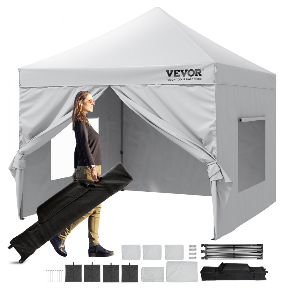 VEVOR pop up canopy with accessories and a person carrying a black carrying case.