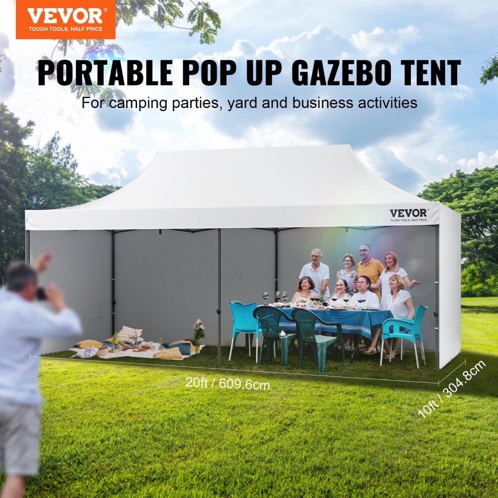 VEVOR Pavilion 304,8 x 609,6 x 320 cm Tuintent 500D PU Zilveren Stof Opvouwbare Paviljoen Hoogte Verstelbaar Inclusief Opbergtas Partytent 12-16 Personen Pop-up Tent Tuinpaviljoen voor Kampeertrip