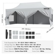 VEVOR pavilion 304.8x609.6x320cm garden tent 500D PU silver fabric folding pavilion height adjustable incl. storage bag party tent 12-16 people pop up tent garden pavilion for camping trip