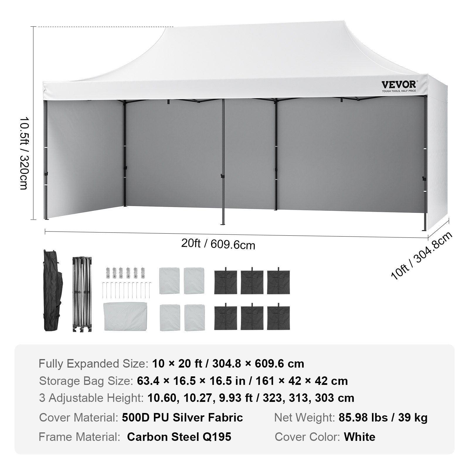 VEVOR Pavilion 304,8 x 609,6 x 320 cm Tuintent 500D PU Zilveren Stof Opvouwbare Paviljoen Hoogte Verstelbaar Inclusief Opbergtas Partytent 12-16 Personen Pop-up Tent Tuinpaviljoen voor Kampeertrip