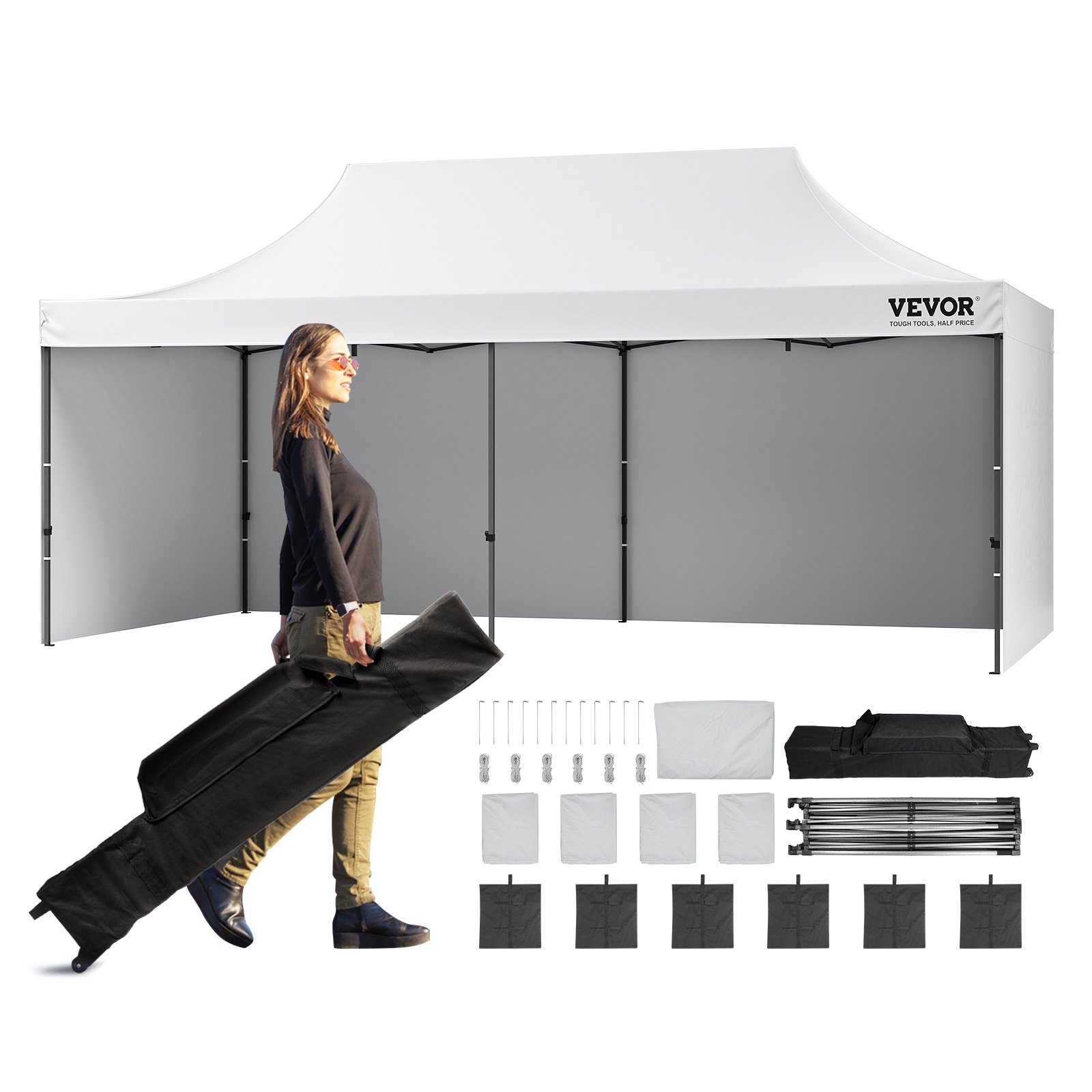 VEVOR Pavilion 304,8 x 609,6 x 320 cm Tuintent 500D PU Zilveren Stof Opvouwbare Paviljoen Hoogte Verstelbaar Inclusief Opbergtas Partytent 12-16 Personen Pop-up Tent Tuinpaviljoen voor Kampeertrip