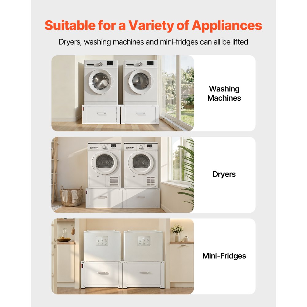 VEVOR Wasmachineonderstel, 290 mm hoog, Wasmachineverhoger met lade, Draagvermogen 150 kg, Antislipvoetjes, Stalen Wasdrogeronderstel, Sokkel, Universeel compatibel, Wit, 2-pack