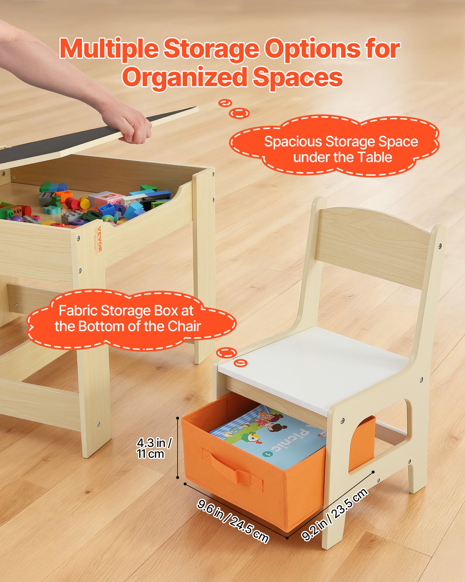 VEVOR Kindertafel met 2 stoelen en stoffen opbergbox onder de stoelen, knutseltafelset voor lezen, leren, tekenen, schrijven, kinderzitgroep voor kinderdagverblijf, knutseltafel, speeltafel, bureau