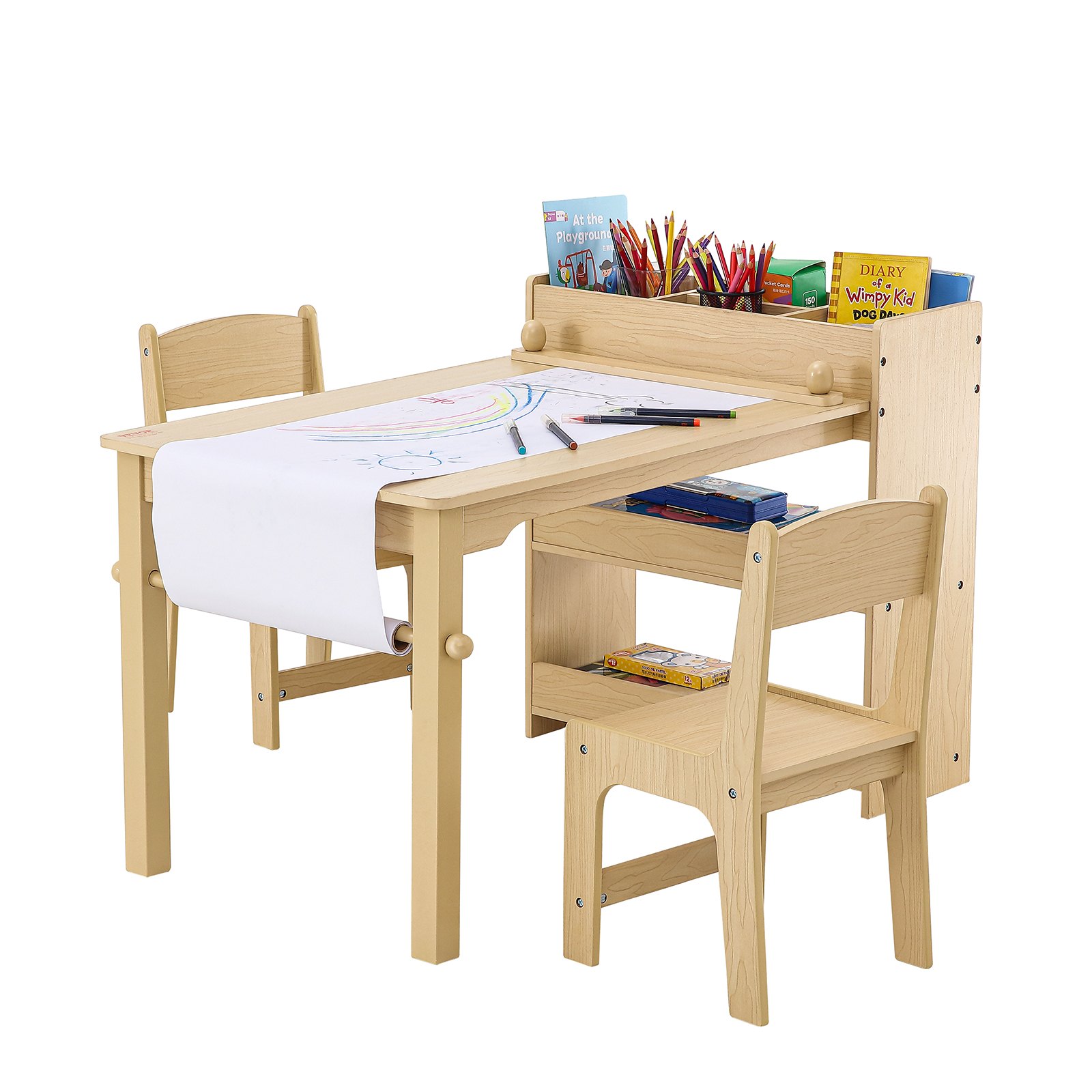 VEVOR Kinderzitgroep kindertafel, 2 kinderstoelen 1 tafel kinderzitgroep van P2-kwaliteit MDF, 2 in 1 kindertafelset bureau & kast geschikt voor kinderen van 2-8 jaar speelkamer