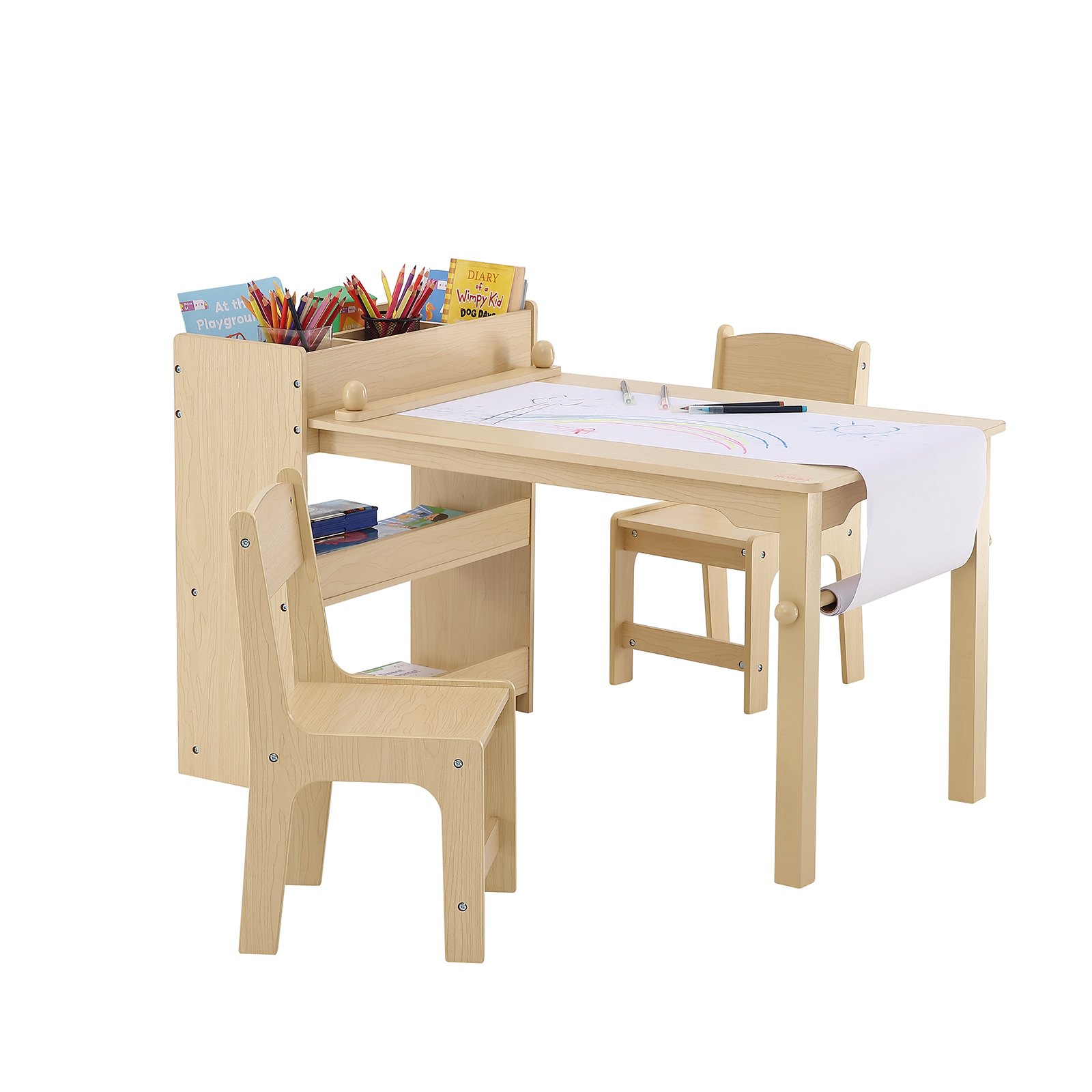 VEVOR Kinderzitgroep kindertafel, 2 kinderstoelen 1 tafel kinderzitgroep van P2-kwaliteit MDF, 2 in 1 kindertafelset bureau & kast geschikt voor kinderen van 2-8 jaar speelkamer