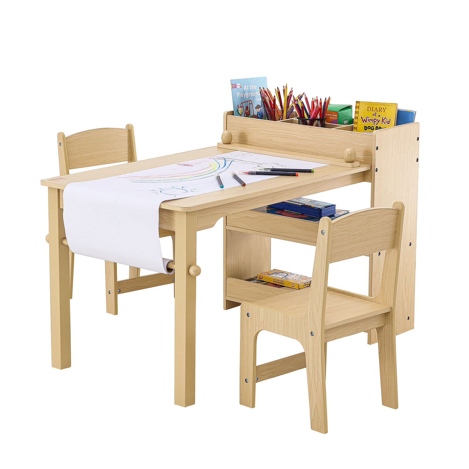 VEVOR Kinderzitgroep kindertafel, 2 kinderstoelen 1 tafel kinderzitgroep van P2-kwaliteit MDF, 2 in 1 kindertafelset bureau & kast geschikt voor kinderen van 2-8 jaar speelkamer