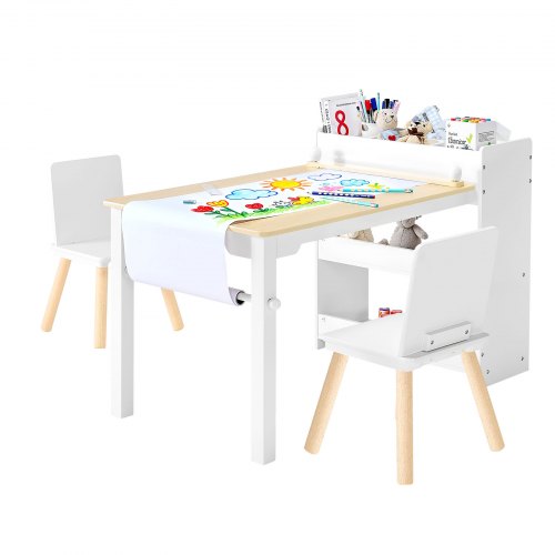 VEVOR Kindertafel met 2 stoelen en 3-laags opbergkast, teken- en schrijftafelset voor lezen, leren, tekenen en schrijven, kinderzitset voor kinderdagverblijf, knutseltafel, speeltafel, bureau, wit