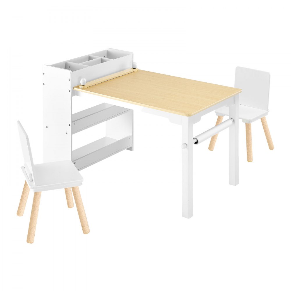 VEVOR Kindertafel met 2 stoelen en 3-laags opbergkast, teken- en schrijftafelset voor lezen, leren, tekenen en schrijven, kinderzitset voor kinderdagverblijf, knutseltafel, speeltafel, bureau, wit