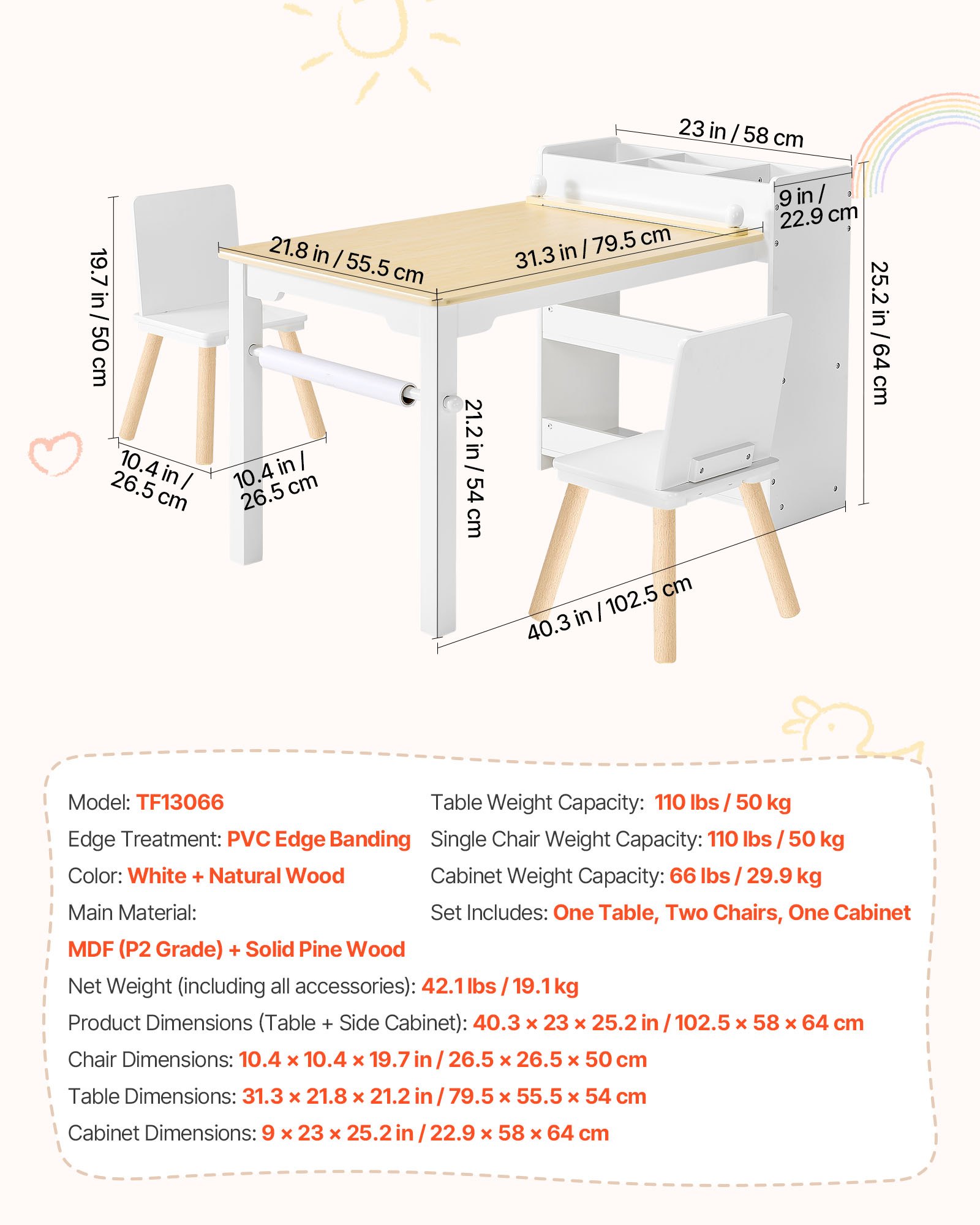 VEVOR Kindertafel met 2 stoelen en 3-laags opbergkast, teken- en schrijftafelset voor lezen, leren, tekenen en schrijven, kinderzitset voor kinderdagverblijf, knutseltafel, speeltafel, bureau, wit