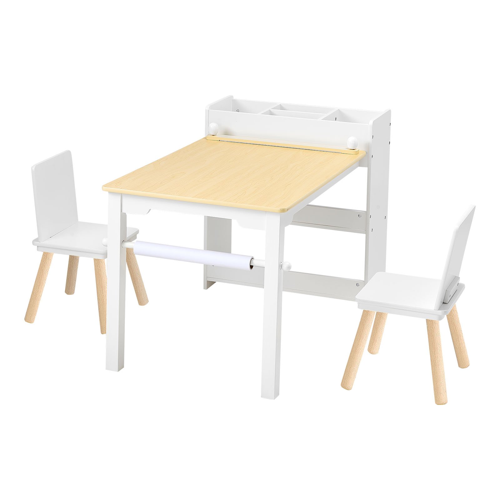 VEVOR Kindertafel met 2 stoelen en 3-laags opbergkast, teken- en schrijftafelset voor lezen, leren, tekenen en schrijven, kinderzitset voor kinderdagverblijf, knutseltafel, speeltafel, bureau, wit