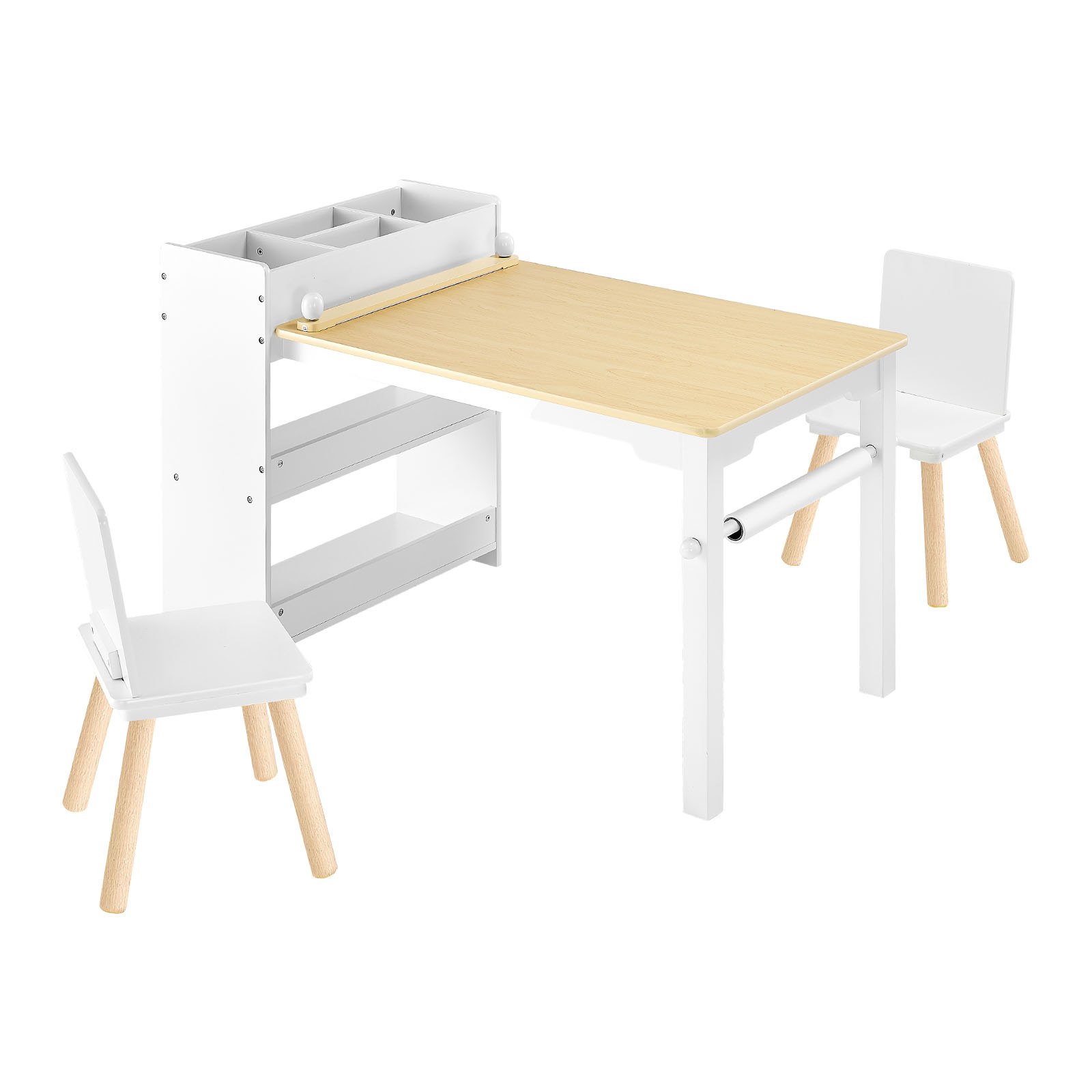 VEVOR Kindertafel met 2 stoelen en 3-laags opbergkast, teken- en schrijftafelset voor lezen, leren, tekenen en schrijven, kinderzitset voor kinderdagverblijf, knutseltafel, speeltafel, bureau, wit