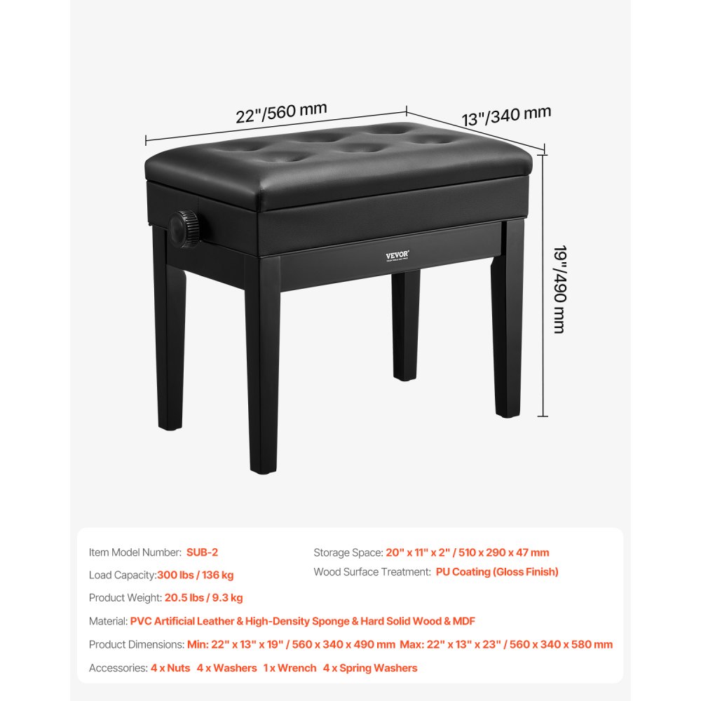 VEVOR Piano Bench, 22" x 13" x 19.3", Keyboard Piano Chair with 19.3"-22.8" Adjustable Height, Padded Cushion, Storage Compartment for Music Books, Wooden Piano Stool Seat, for Vanity, Living Room