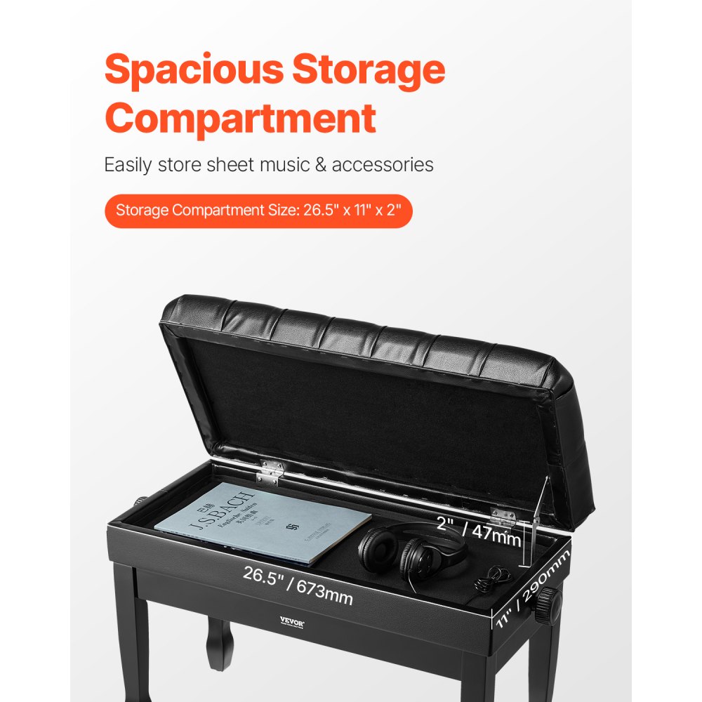 VEVOR Pianobank, 750x360x515 mm, Duet Keyboard Pianostoel, 51 tot 59 cm Verstelbare Hoogte, Gevoerd Kussen, Opbergvak voor Muziekboeken, Houten Pianobank, voor Kaptafel, Slaapkamer