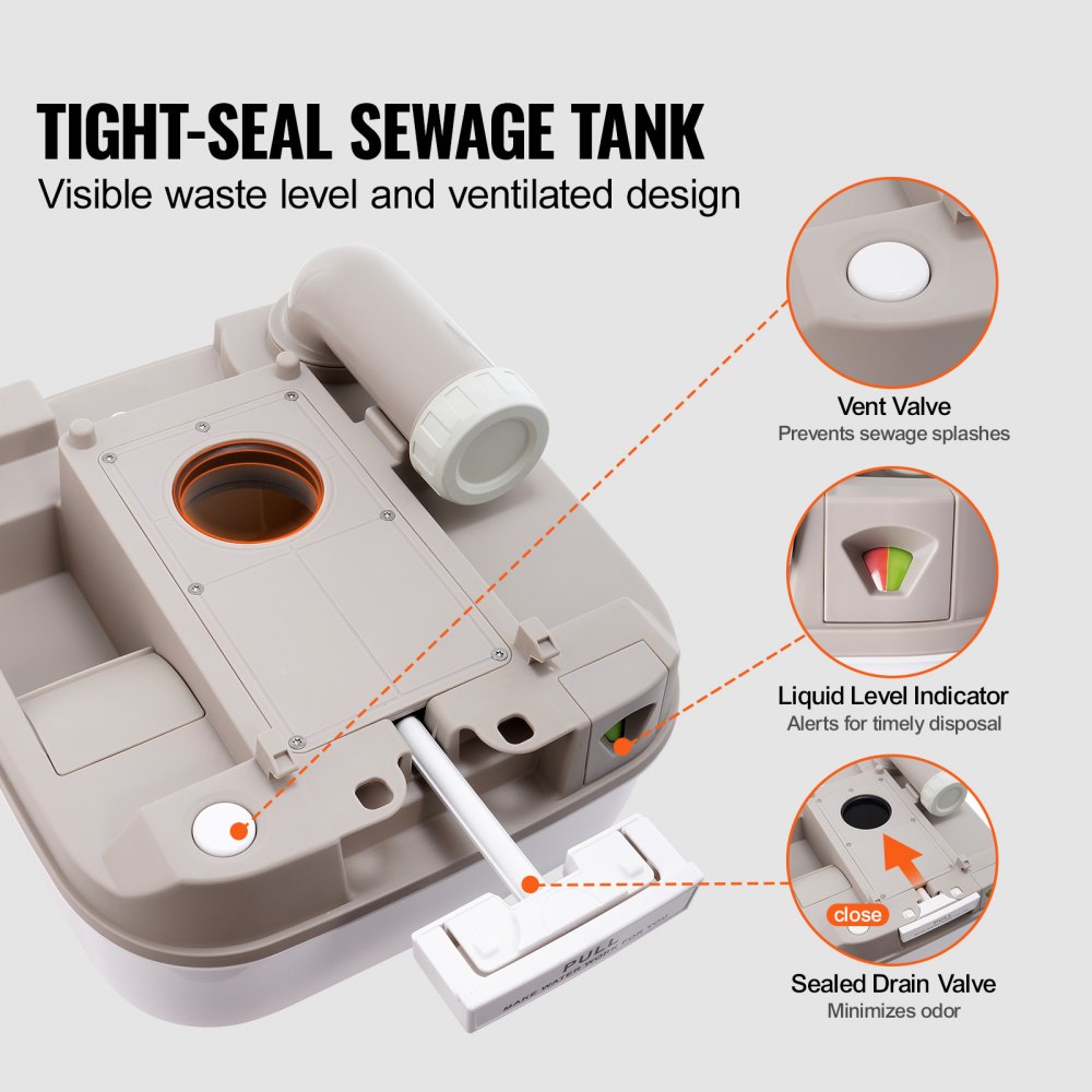VEVOR Camping Toilet Mobile Toilet 12 + 10 L, Portable Camping Toilet with Pressure Flush Design 386 x 340 x 333 mm Travel Toilet Emergency Toilet Toilets 199.6 kg Weight Capacity Motorhome Toilet