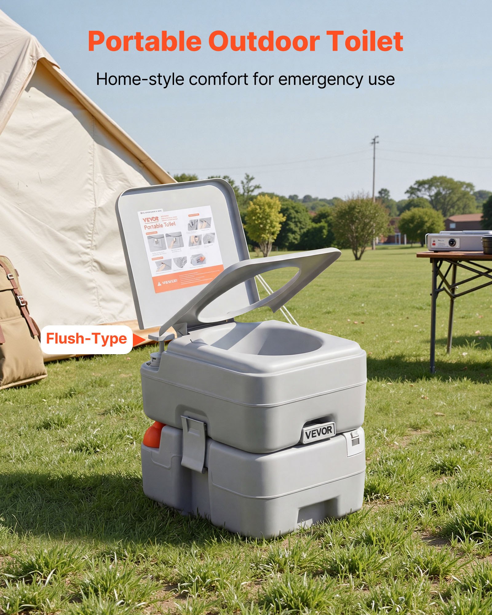 VEVOR draagbaar toilet met verwijderbare afvaltank van 20 liter en 120 spoelingen, campingtoilet, reistoilet met vulniveau-indicator, geschikt voor camperreizen, kamperen, wandelen, boottochten en excursies.