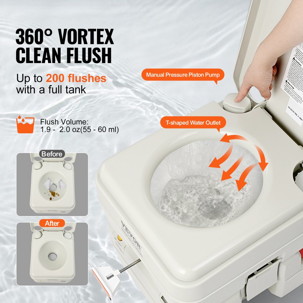 VEVOR Camping Toilet Mobile Toilet 20 + 12 L, Portable Camping Toilet with Pressure Flush Design 390x345x390 mm Travel Toilet Emergency Toilet White Toilets 199.6 kg Weight Capacity Motorhome Toilet