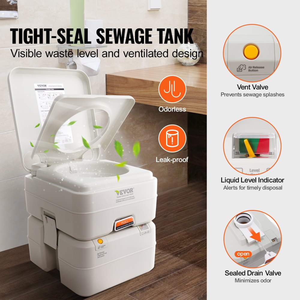 VEVOR Camping Toilet Mobile Toilet 20 + 12 L, Portable Camping Toilet with Pressure Flush Design 390x345x390 mm Travel Toilet Emergency Toilet White Toilets 199.6 kg Weight Capacity Motorhome Toilet