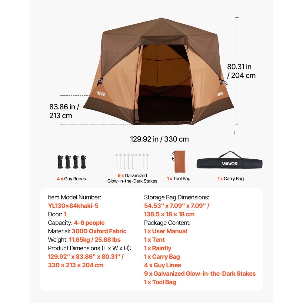 VEVOR Campingtent voor 6 personen, pop-up tent met regenhoes en gaasramen, snel op te zetten in 60 seconden, draagbare tent met draagtas voor gezinskamperen en wandelen, 330x213x204 cm