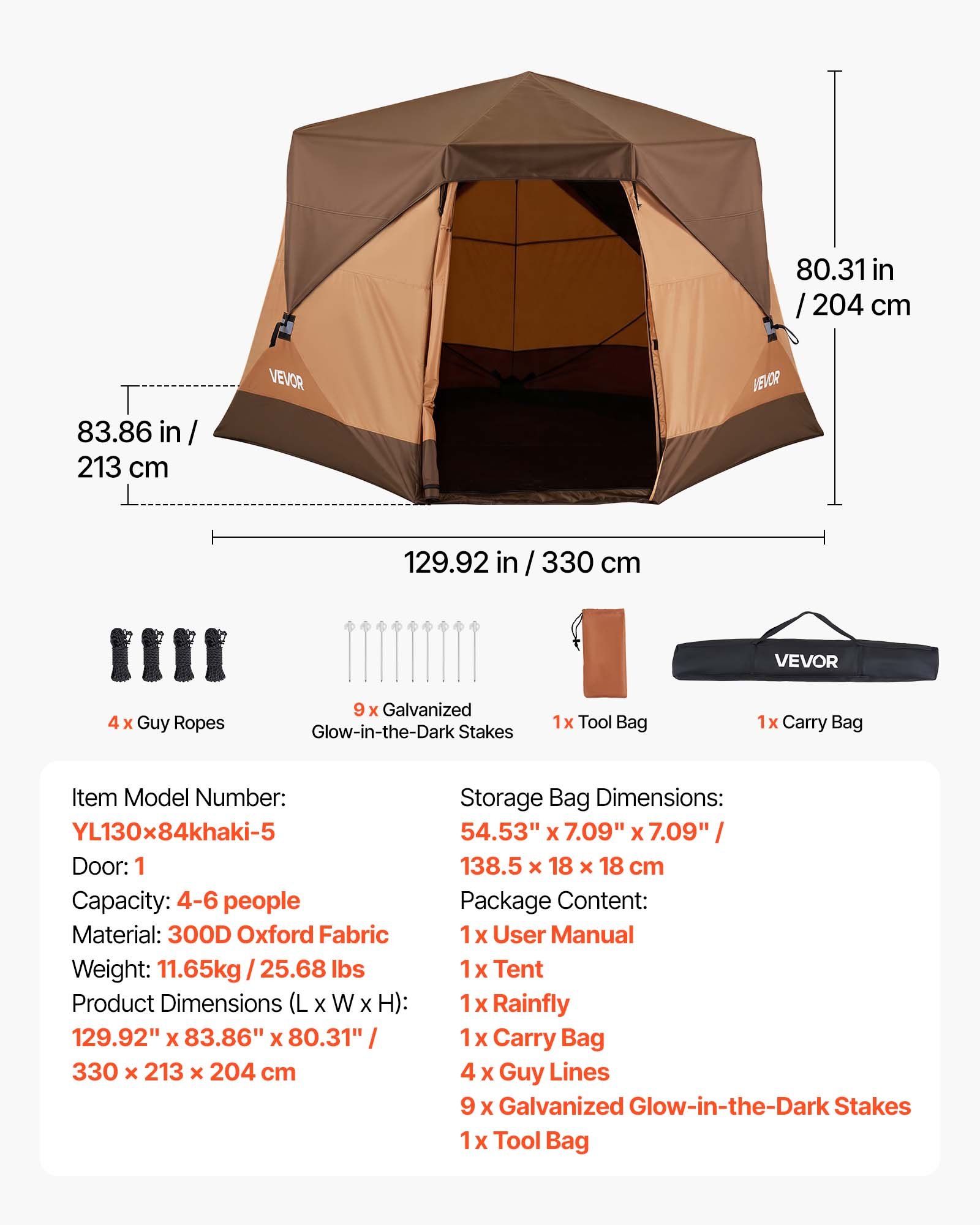 VEVOR Campingtent voor 6 personen, pop-up tent met regenhoes en gaasramen, snel op te zetten in 60 seconden, draagbare tent met draagtas voor gezinskamperen en wandelen, 330x213x204 cm