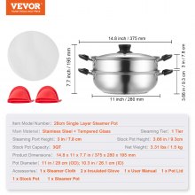 VEVOR 28cm steamer pot stainless steel with glass lid, 1 tier (1x pressure cooker and 1x soup pot) steamer steamer pot induction steamer pot pressure cooker cooking pot for vegetables, fish, soup, dumplings