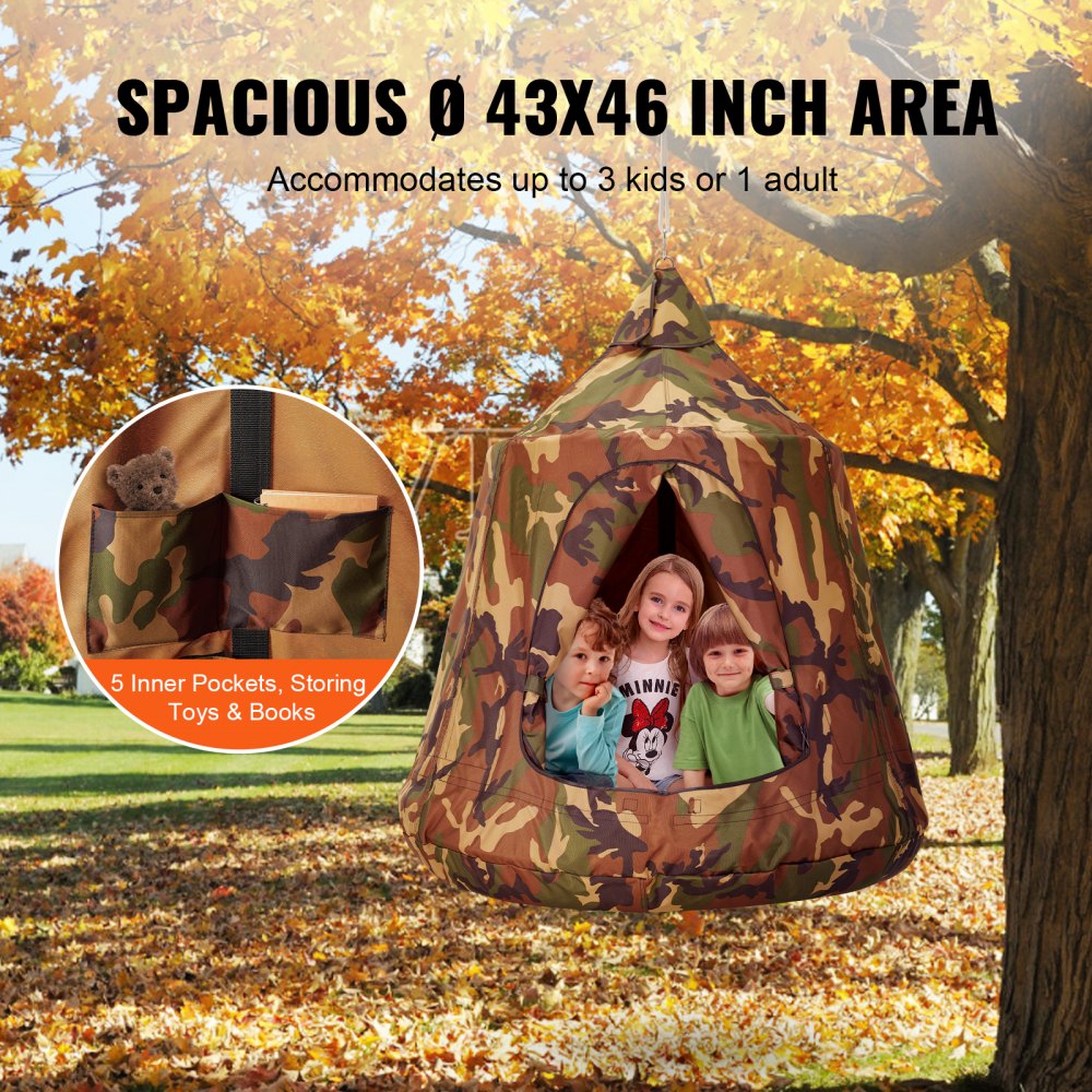 VEVOR Hangende grot 150 kg capaciteit Hangende tent voor binnen en buiten Hangende tas Sensorische schommelstoel met LED-lichtsnoer 110 x 117 cm Hangende tent Hangstoel voor kinderen en volwassenen Camouflage