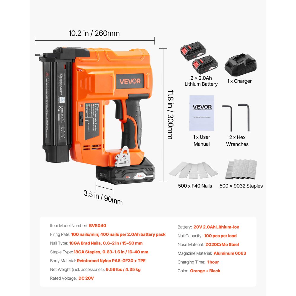 VEVOR 2-in-1 draadloze spijkerpistool, 18 gauge, 20V draadloze spijker- en nietmachine, 100 spijkers/min, met 500 spijkers & 500 nietjes & 2 x 2,0 Ah lithiumbatterijen & oplader, voor doe-het-zelf houtbewerking
