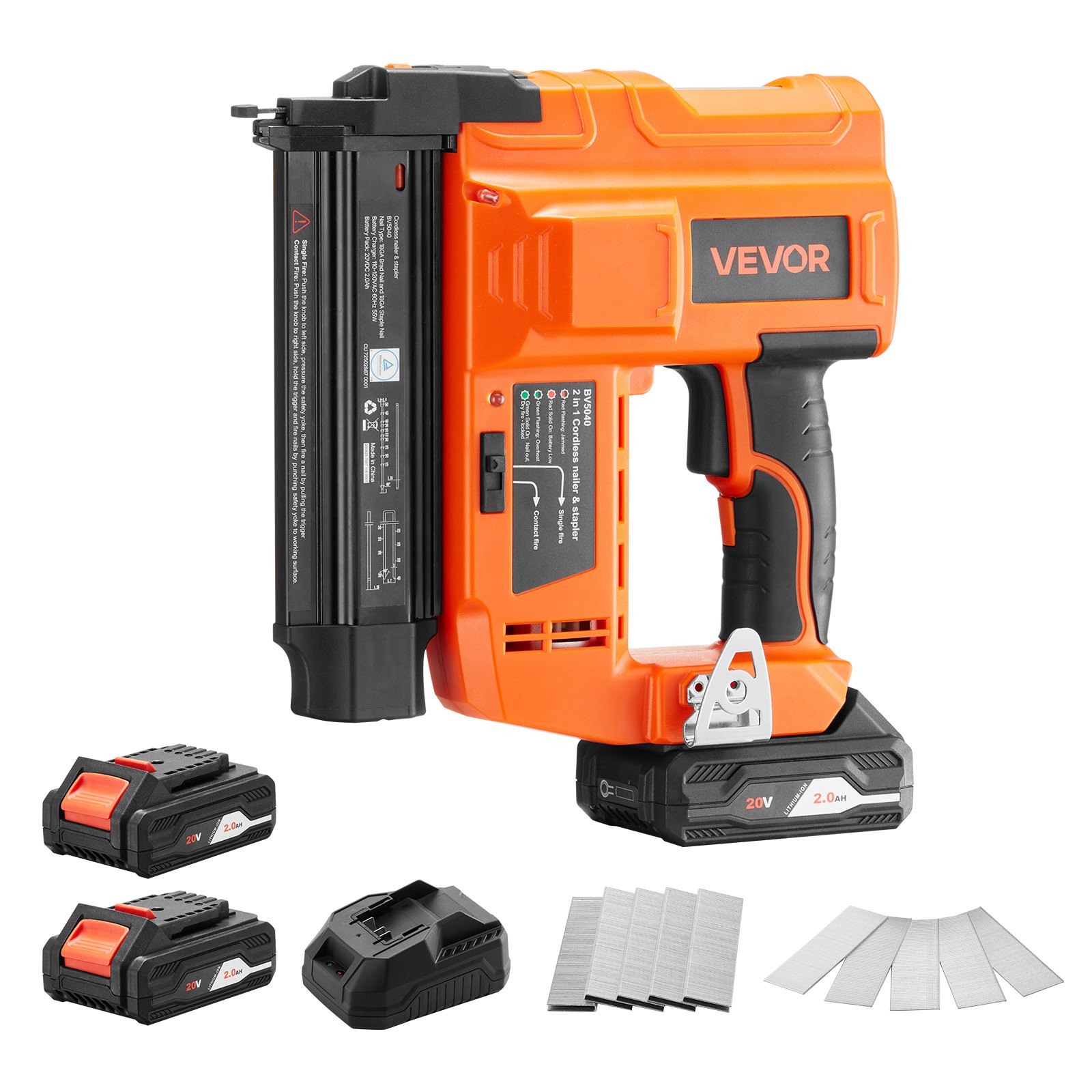 VEVOR 2-in-1 draadloze spijkerpistool, 18 gauge, 20V draadloze spijker- en nietmachine, 100 spijkers/min, met 500 spijkers & 500 nietjes & 2 x 2,0 Ah lithiumbatterijen & oplader, voor doe-het-zelf houtbewerking